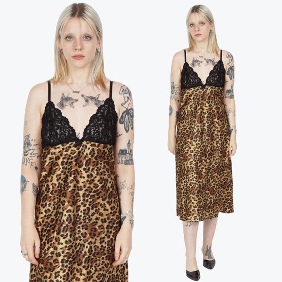 Y2K Cheetah Leopard Animal Print Satin Camisole Midi Dress - Picture 1 of 3